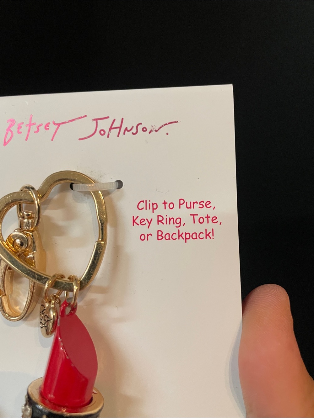 Betsey Johnson Black & Red Lipstick Charm Keychain with Crystal Stripes - Picture 7 of 8